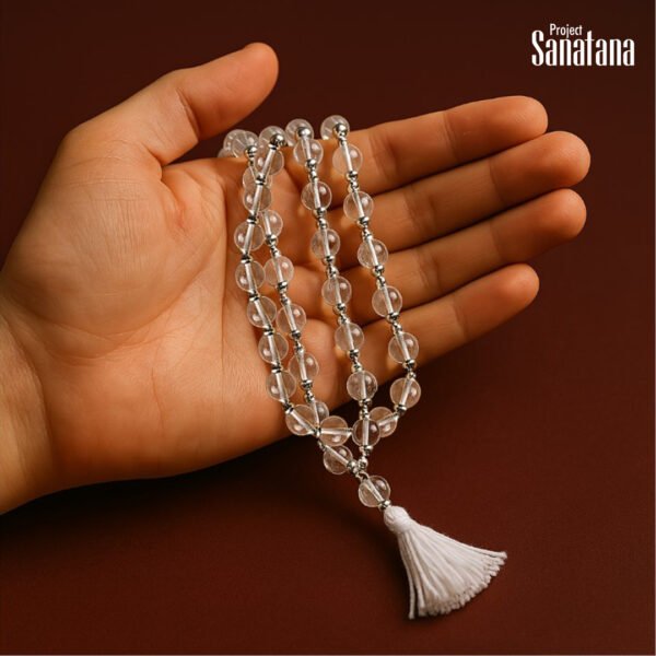 Sphatik Mala (Quartz Crystal) – 108 Beads- 8mm - With Silver Capping - Image 2